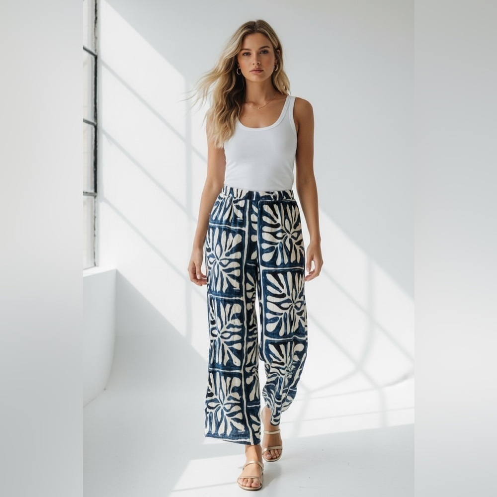 Milk and Honey Navy Cream Tropical Print Palazzo Pants Size XL New